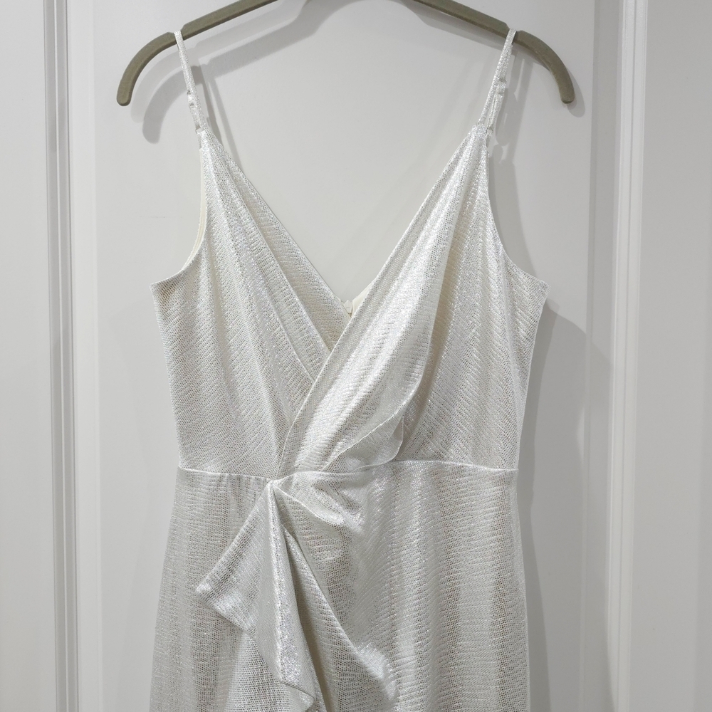 ELIZA J Ivory Shimmer Draped Maxi Dress with Ruffle Slit – Glam Occasion 6P - Picture 3 of 14